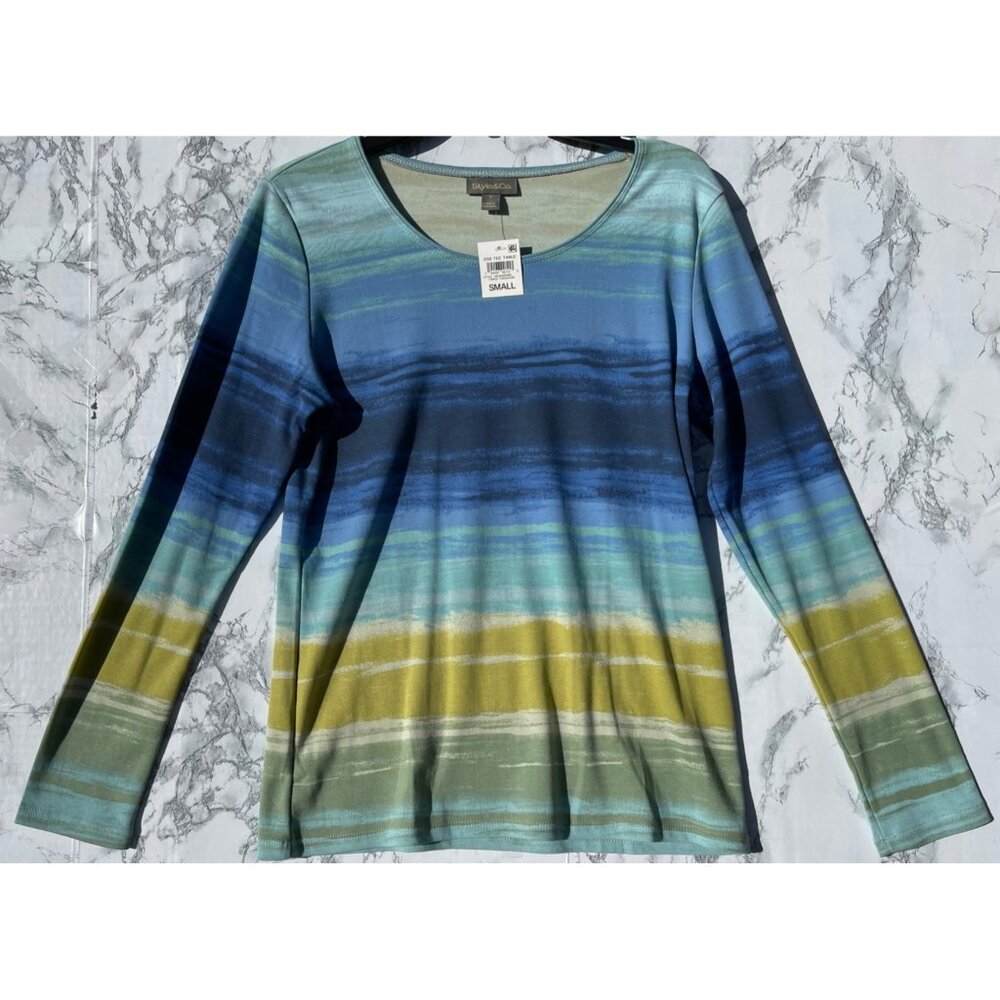 Style & Co Womens Faded blue Gradient Long Sleeve Cotton Blend Top S